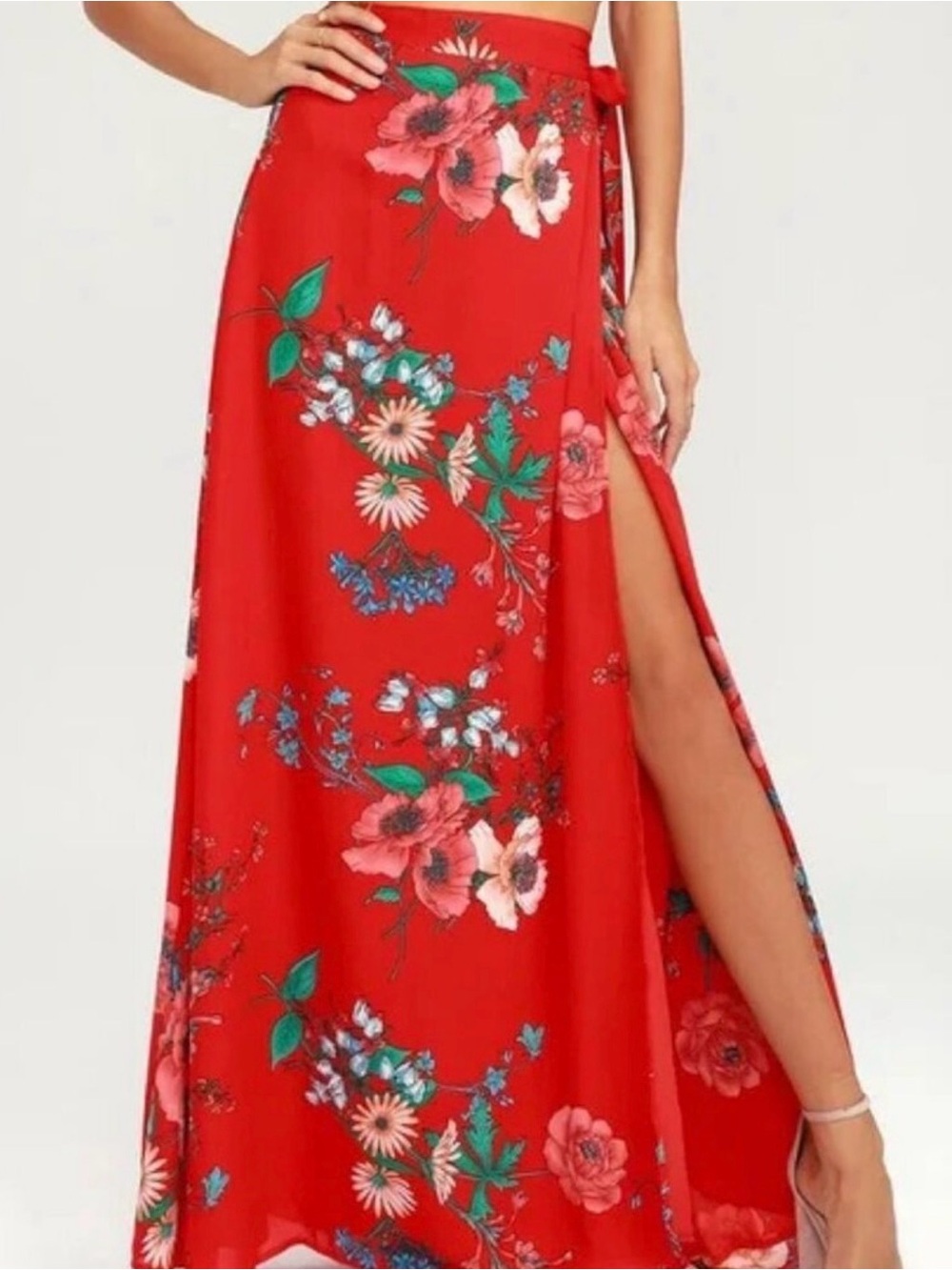 Lulus Bloom With a View Red Blue Green Floral Maxi Wrap Skirt Womens Size L